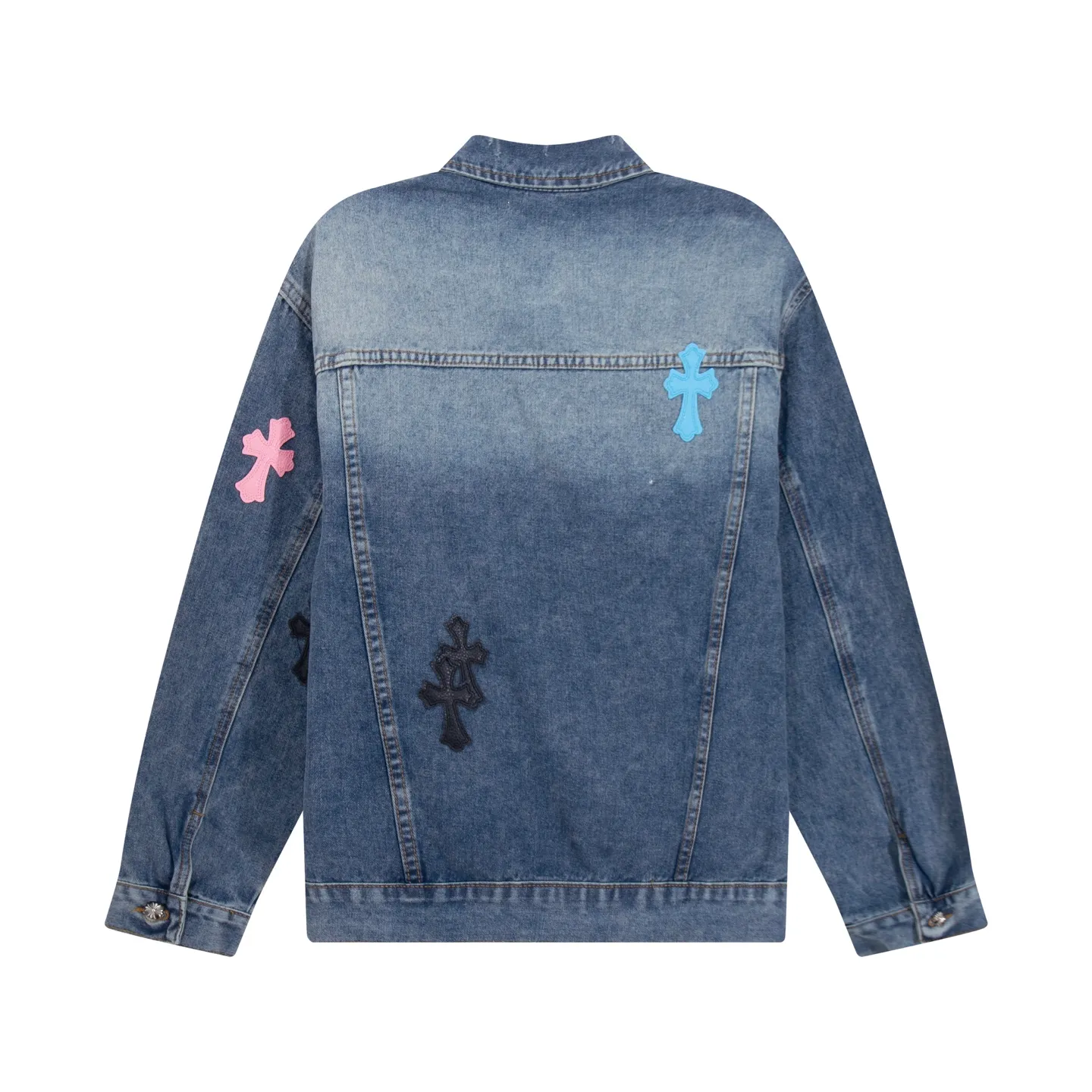 P310 Chrome Hearts Chrome Hearts leather cross-piece embroidered shirt denim jacket Color: black blue black Size: M L XL XXL XXXL